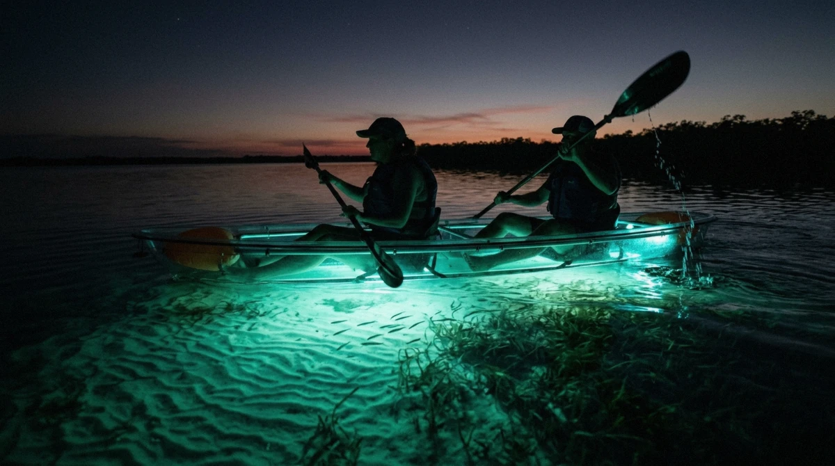 LED lights glowing under a transparent clear kayak over seagrass after dark on a clear kayak Sarasota night tour, Florida