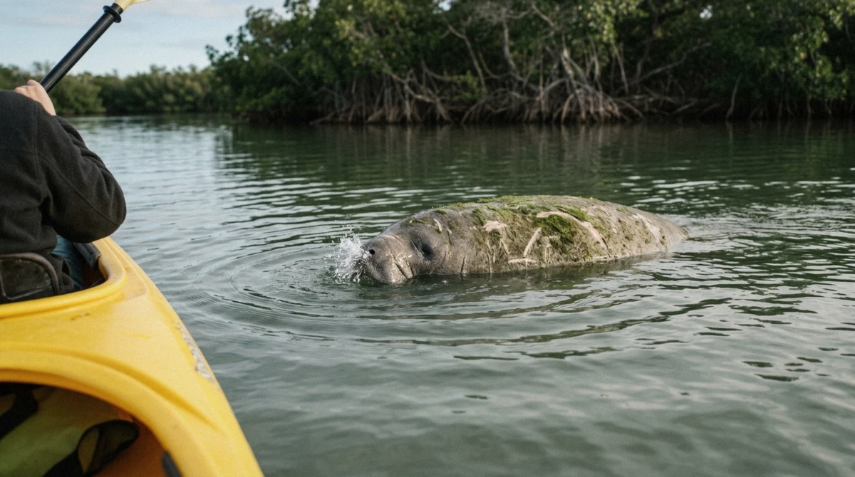 Manatee resting just under the surface beside a kayak bow on a kayak with manatees Sarasota trip in winter, Florida