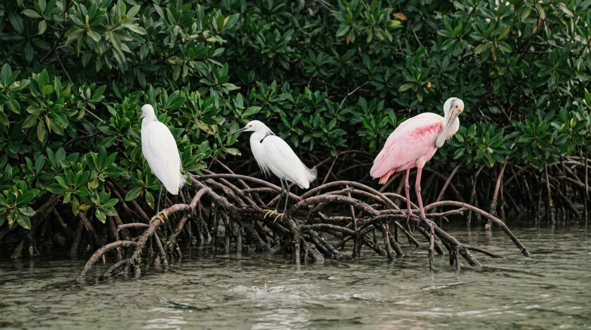 Roseate spoonbill and snowy egrets on mangrove roots at a Sarasota bay channel, seen on a kayak with manatees Sarasota tour, Florida