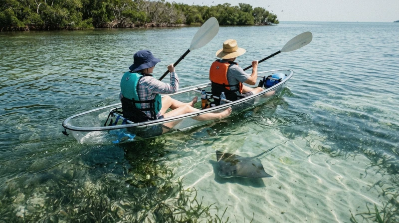 Transparent clear-bottom tandem kayak over seagrass beside the mangroves on a kayak mangroves Sarasota area eco tour, Longboat Key, Florida